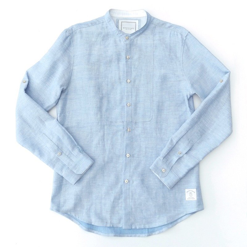 日本亞麻面料平領水藍色捲袖襯衫 - 男襯衫/休閒襯衫 - 棉．麻 藍色
