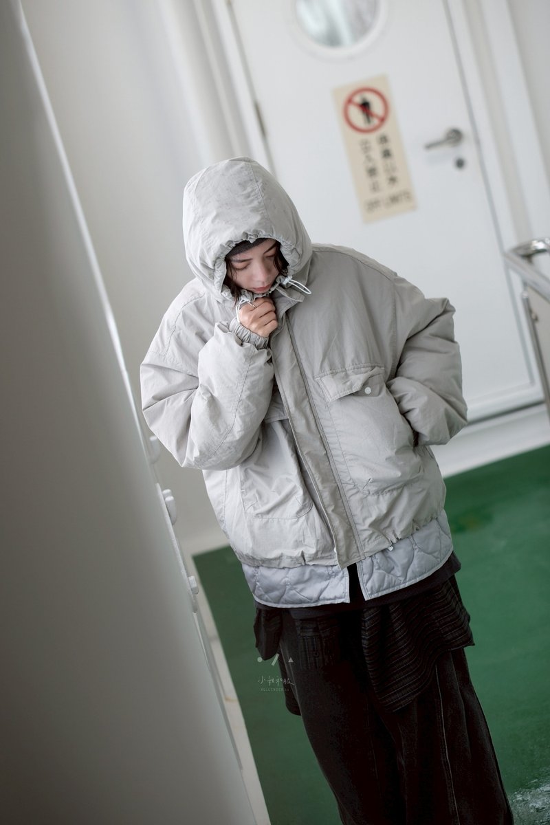 大島輕輕大口袋拼接連帽外套 - 女大衣/外套 - 棉．麻 灰色