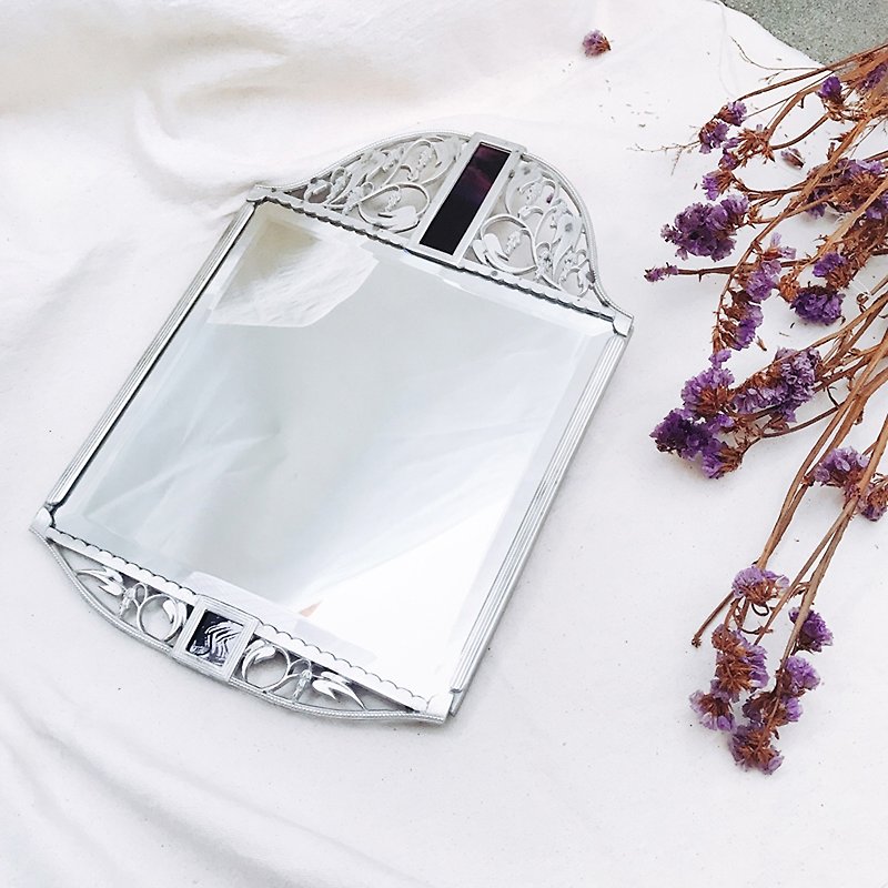 Early Austrian antique hand-made tin inlaid mirror-elegant long agate purple - อื่นๆ - โลหะ สีเงิน