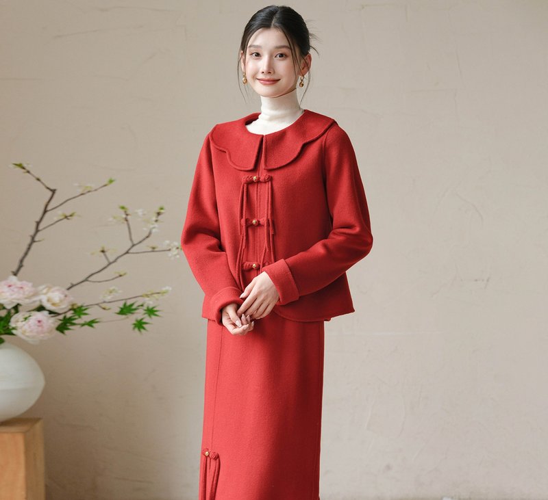 【新春納福】新中式復古風/100羊毛/云肩雙面上衣/半裙 - 女裝外套/大衣 - 羊毛 紅色