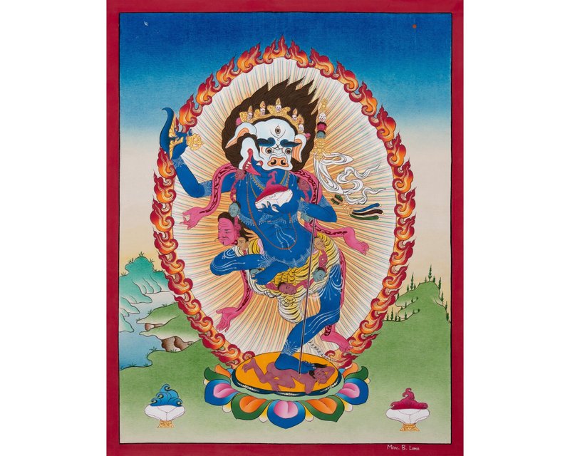 Thangka Art: Simhamukha, the Lion-Faced Wisdom Deity - Wall Décor - Other Materials Multicolor