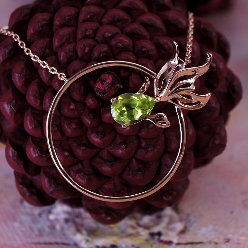 金魚 - 橄欖石 純銀 電18K玫瑰金 頸鍊 - 耳環/耳夾 - 寶石 綠色