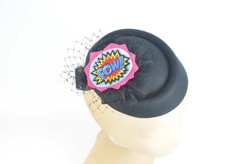 Headpiece Hat Comics Pow! with Black Veil Mini Fascinator Geek Nerd Chic Fun - 髮夾/髮圈 - 其他材質 黑色