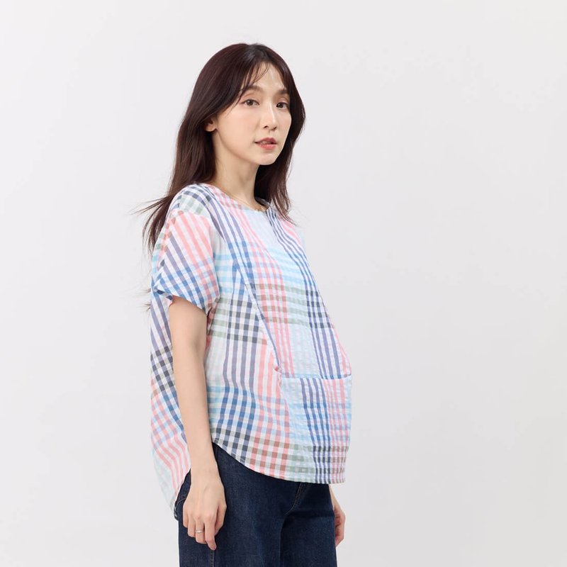 Debbie 方型小蓋袖拼接棉質上衣/彩格紋 - 女上衣/長袖上衣 - 棉．麻 多色