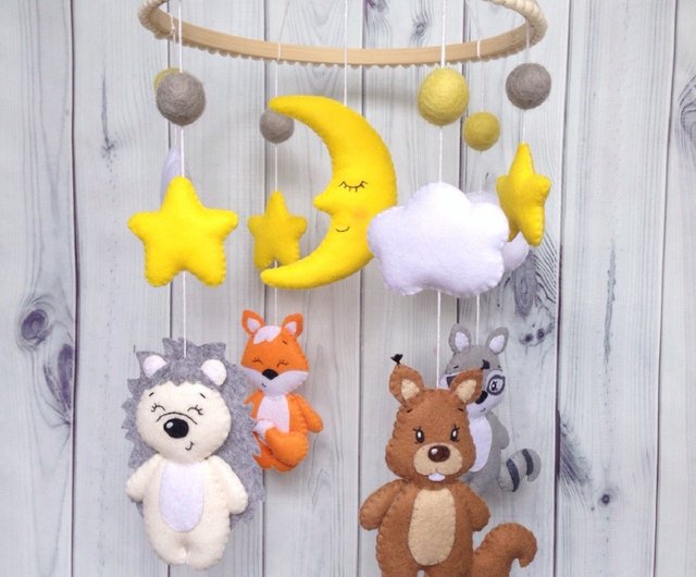 Squirrel, bear, hedgehog felt crib baby mobile