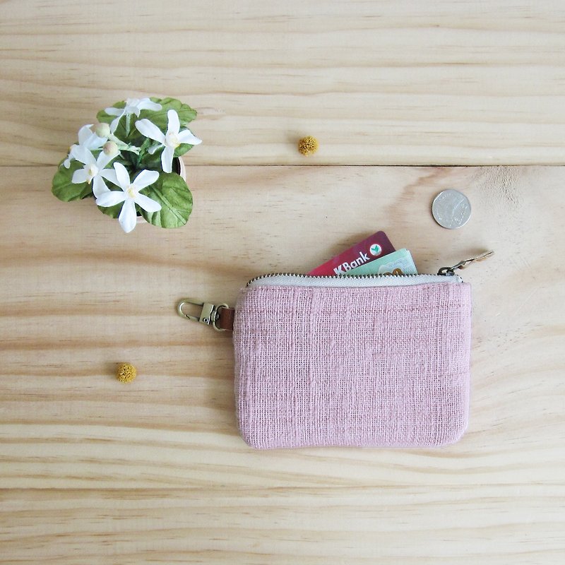 Coin Purses  with Key Chain Hand-woven and Botanical dyed Cotton Pink Color - Coin Purses - Cotton & Hemp Pink