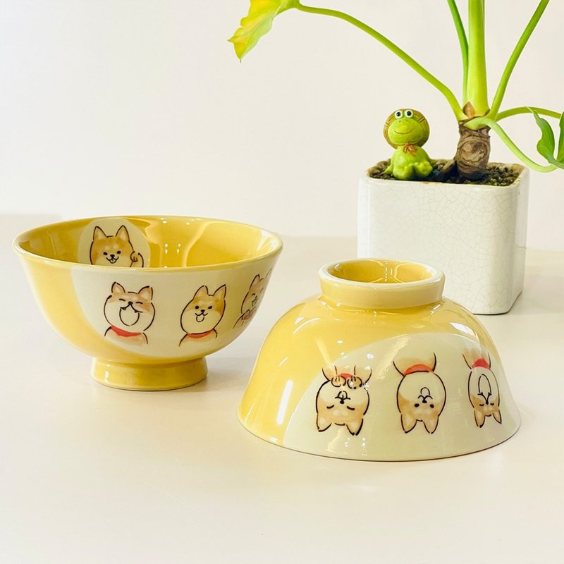 瀨戶燒-撞色釉彩手繪柴犬飯碗雙入禮盒 - 碗 - 瓷 黃色