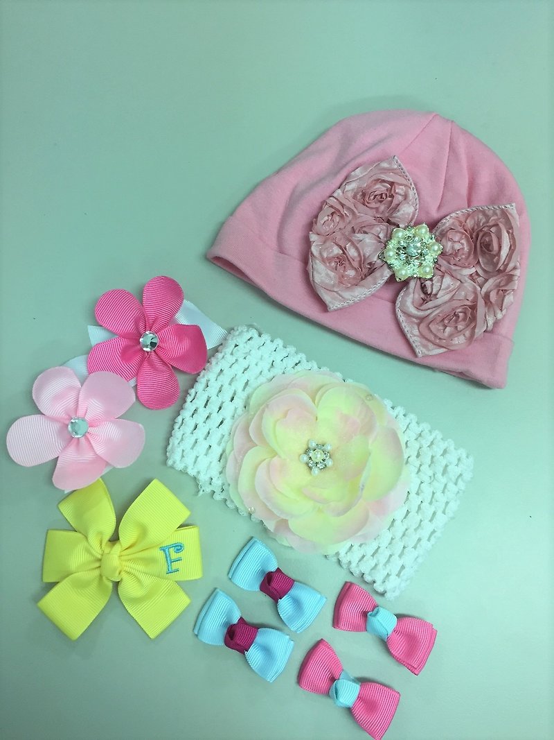 Fashion hair accessories baby hat combination (kit D) - ผ้ากันเปื้อน - ผ้าฝ้าย/ผ้าลินิน 