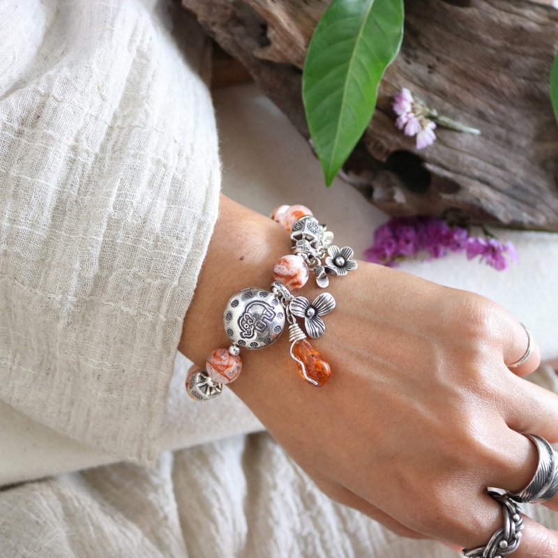 Sericite Phantom Quartz Crystal Flower Stretch Bracelet with Karen Silver - สร้อยข้อมือ - เงินแท้ สีส้ม