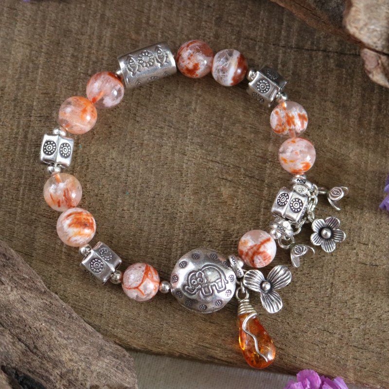 Sericite Phantom Quartz Crystal Flower Stretch Bracelet with Karen Silver - Bracelets - Sterling Silver Orange