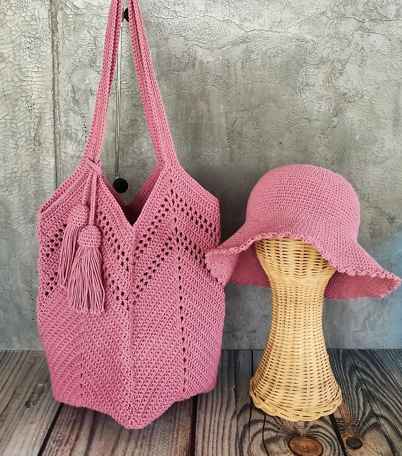 Granny square knitted rope bag & knitted hat - Messenger Bags & Sling Bags - Cotton & Hemp 