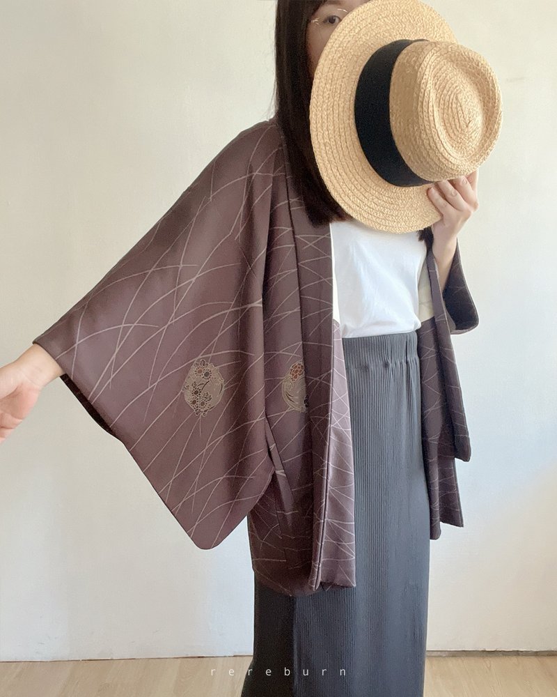 日本製和風印花紫色古著羽織和服外套-瑕疵特 - 女大衣/外套 - 聚酯纖維 紫色