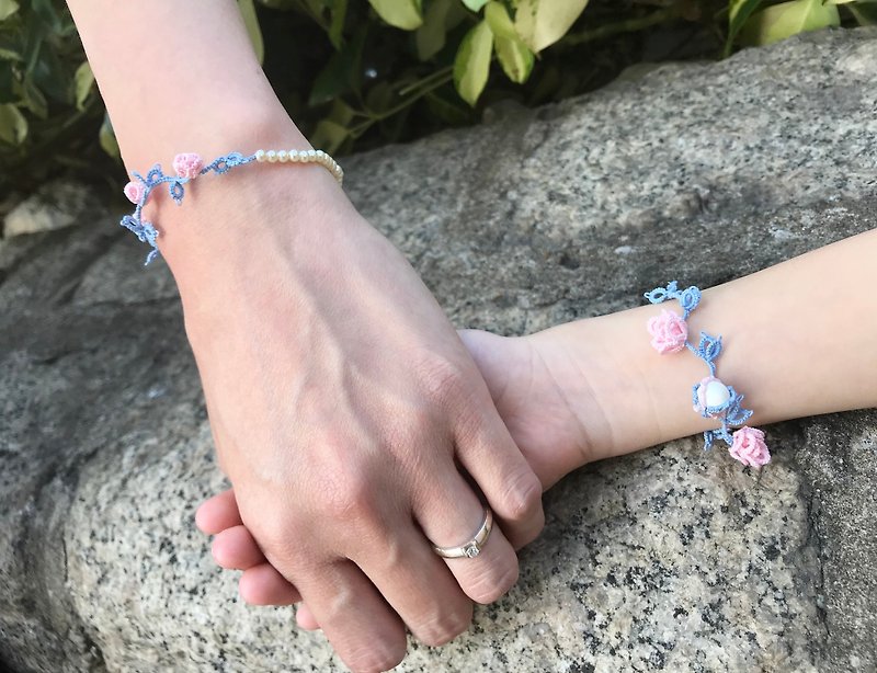 tatted rose bracelet (pink) / gift / Parent-child / Swarovski crystal pearl - Bracelets - Cotton & Hemp Pink