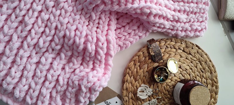 Knit blanket soft plush blanket chenille bedspread queen size quilt - 棉被/毛毯 - 聚酯纖維 粉紅色