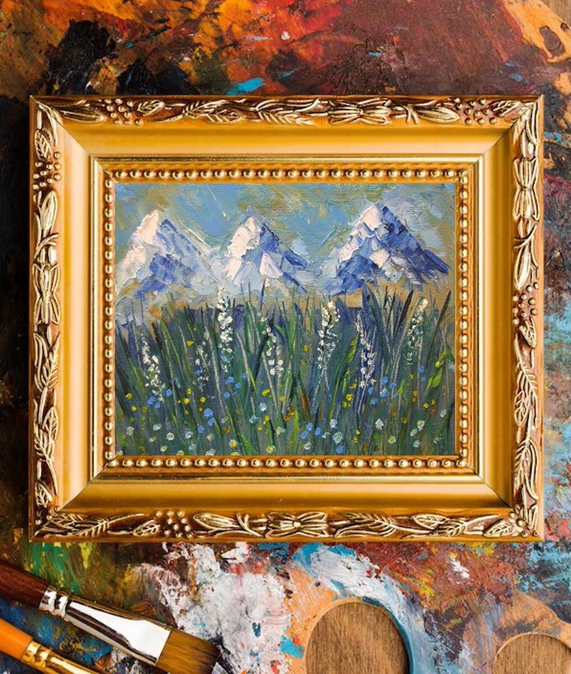 Impasto style original mini oil painting Mountain landscape with wild flowers - 壁貼/牆壁裝飾 - 其他材質 多色