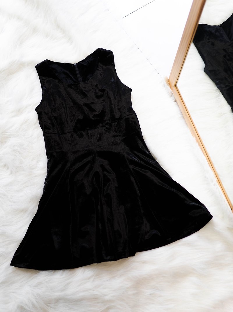 長野墨黑閃絨週末歡樂派對 古董連身金絲絨洋裝 dress - 洋裝/連身裙 - 聚酯纖維 黑色