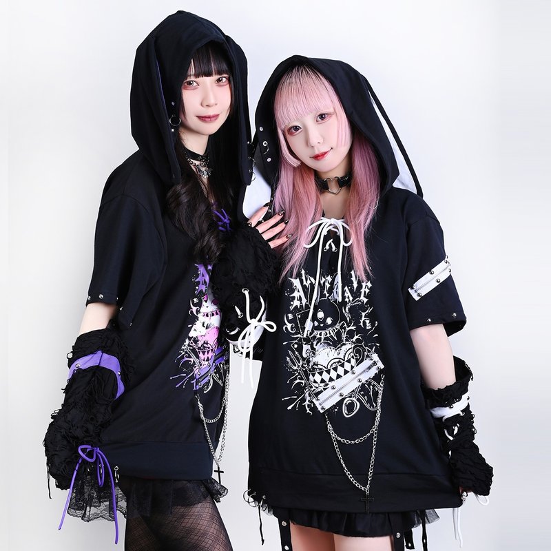 Kawaii punk grunge Incubus rabbit strappy neck sleevelet ear hoodie JJ2507 - เสื้อฮู้ด - ผ้าฝ้าย/ผ้าลินิน 