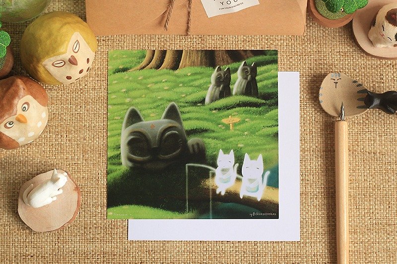 Fishing Elves - Cat Illustration Postcard - การ์ด/โปสการ์ด - กระดาษ สีเขียว
