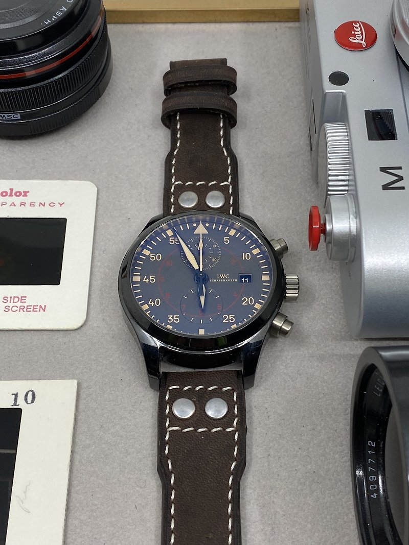 Mens Pilot Style Aviation Wrist watch band, Big Pilot Brushed Rivet Strap 22mm - สายนาฬิกา - หนังแท้ สีนำ้ตาล