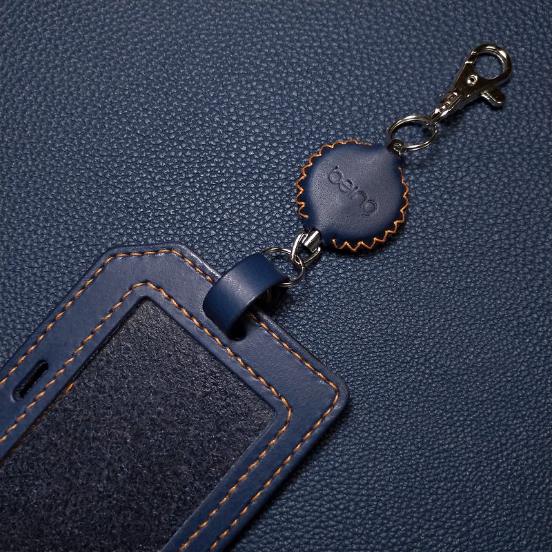Natural cow leather horizontal and vertical dual-use document holder + hook-type steel wire retractable buckle_no neck rope_dark blue - ID & Badge Holders - Genuine Leather Blue