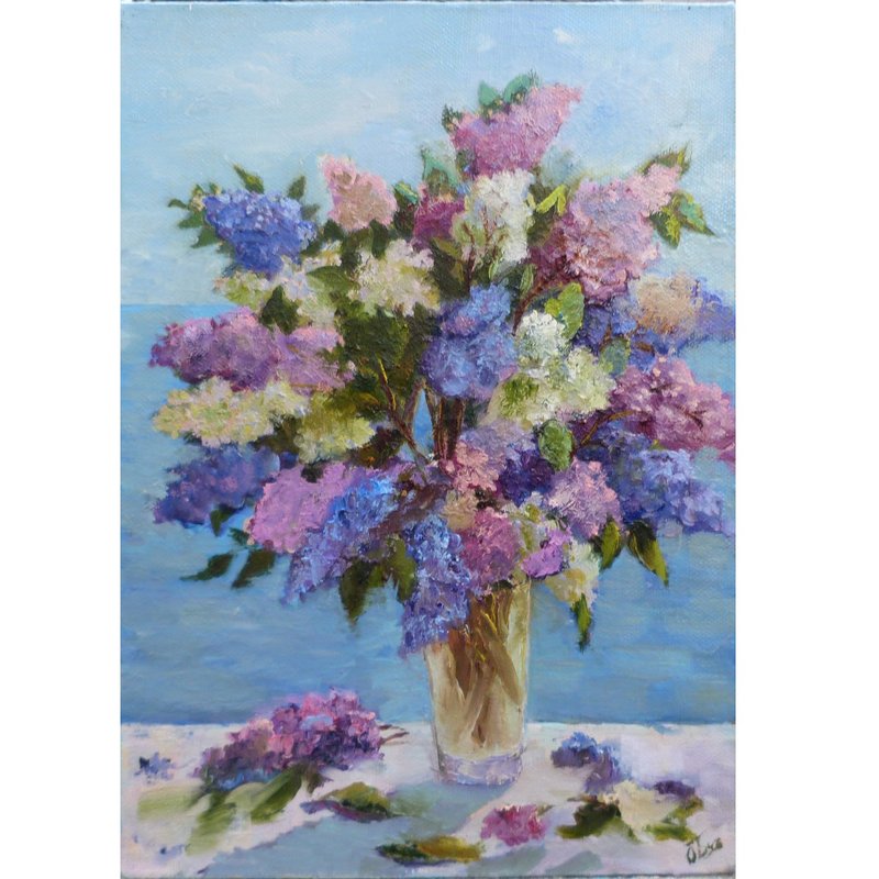 lilac painting on canvas - original art - floral painting - flowers wall art, 牆 - โปสเตอร์ - วัสดุอื่นๆ สีม่วง