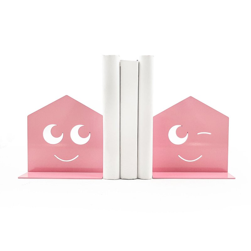 Sweet Home Metal Bookends – Pink Smiley Face Shelf Decor for Kids or Book Lovers - 擺飾/家飾品 - 其他金屬 粉紅色