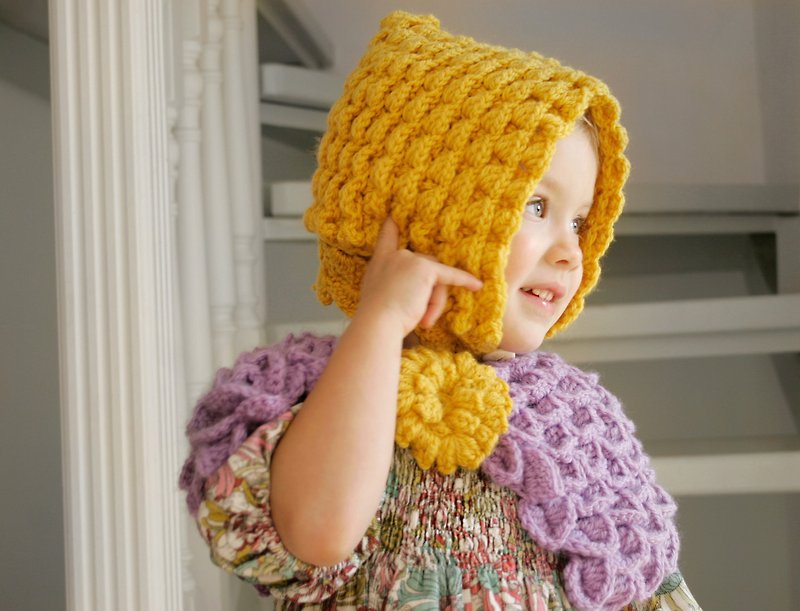 柔軟羊毛製嬰兒帽子 復古風嬰兒帽子 黃色帽子