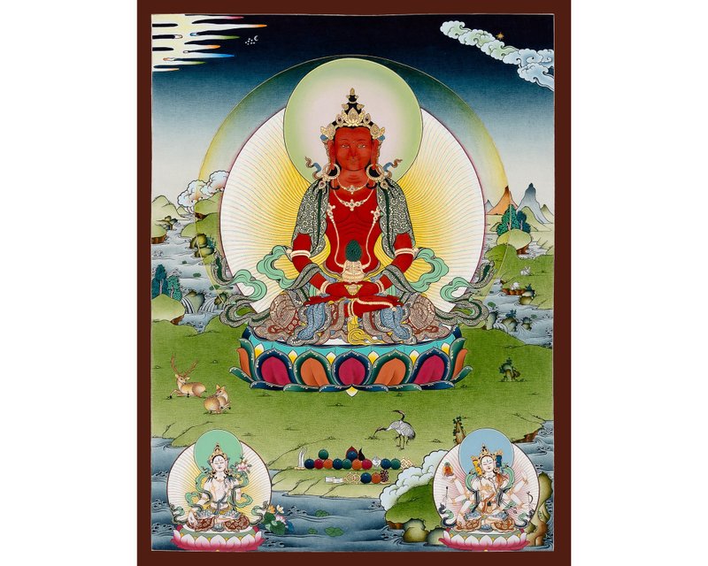 Hand-Painted Amitayus Thangka – Beautiful Tibetan Deity of Endless Life -B06450 - Wall Décor - Other Materials 