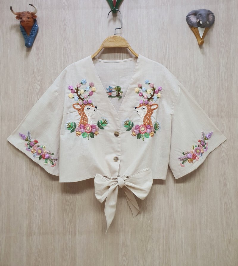 手工刺繡連衣裙、棉織物、鹿、花、粉彩、雛菊 - 洋裝/連身裙 - 繡線 白色