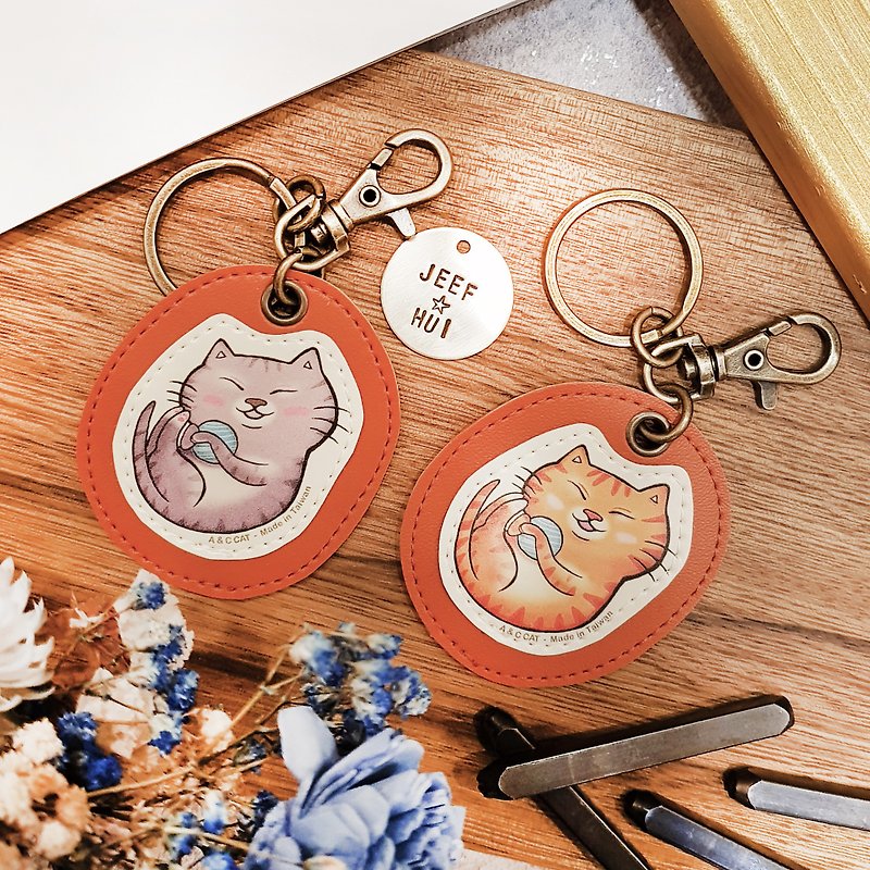 Clever Cat x City Cat Environmental Leather Custom Knockout Keyring (buckle) Cat Orange Cat Tabby Three Flowers - Keychains - Polyester Brown