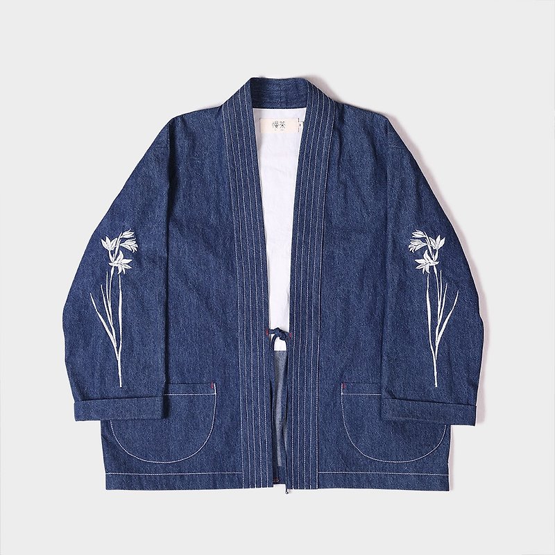 Cotton Denim Embroidered Cardigan Cardigan Jacket - เสื้อแจ็คเก็ต - ผ้าฝ้าย/ผ้าลินิน สีน้ำเงิน