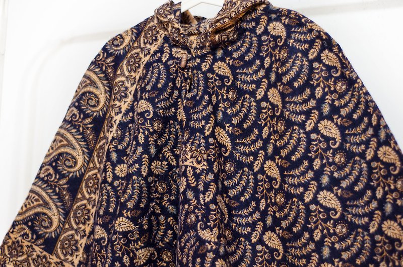 Indian Ethnic Fringe Cloak / Bohemian Cape Cloak / Wool Hooded Cloak - Middle Eastern Flowers - Knit Scarves & Wraps - Wool Blue
