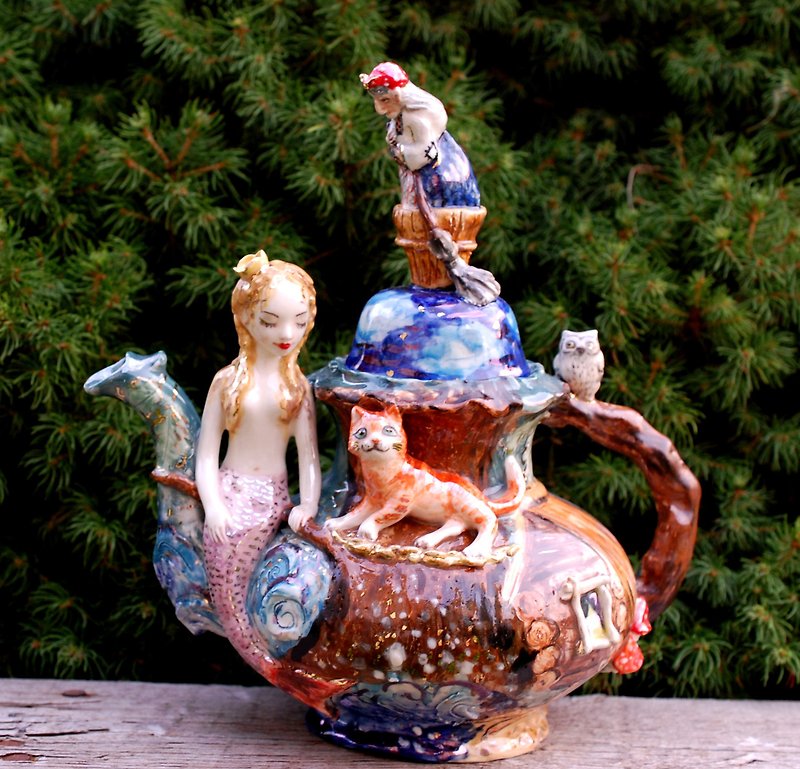 妖精のティーポット 人魚、猫、馬場矢賀の置物 ティーポット 美術陶器 ハンドメイド 茶壺 - 急須・ティーカップ - 磁器 多色