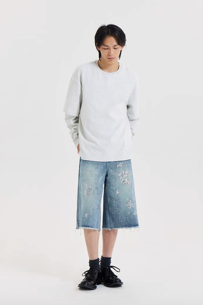 Splash Denim Shorts 亮片水花休閒牛仔短褲 - 中性長褲/短褲 - 棉．麻 藍色