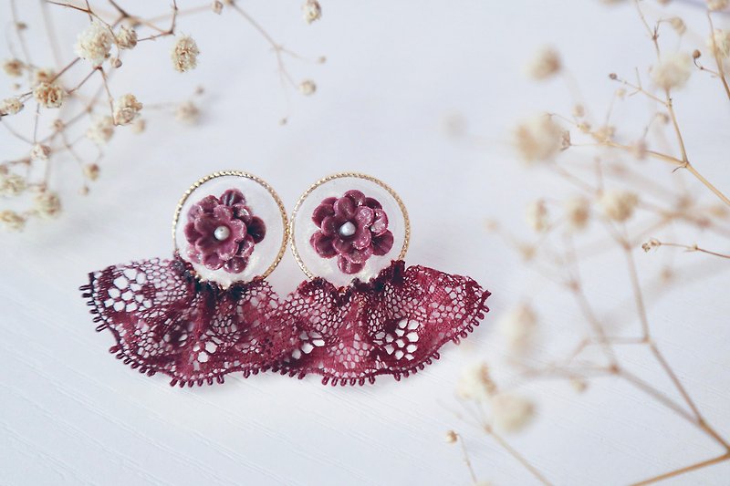 Forest at midnight. Peony flower fan-shaped lace earrings. Burgundy