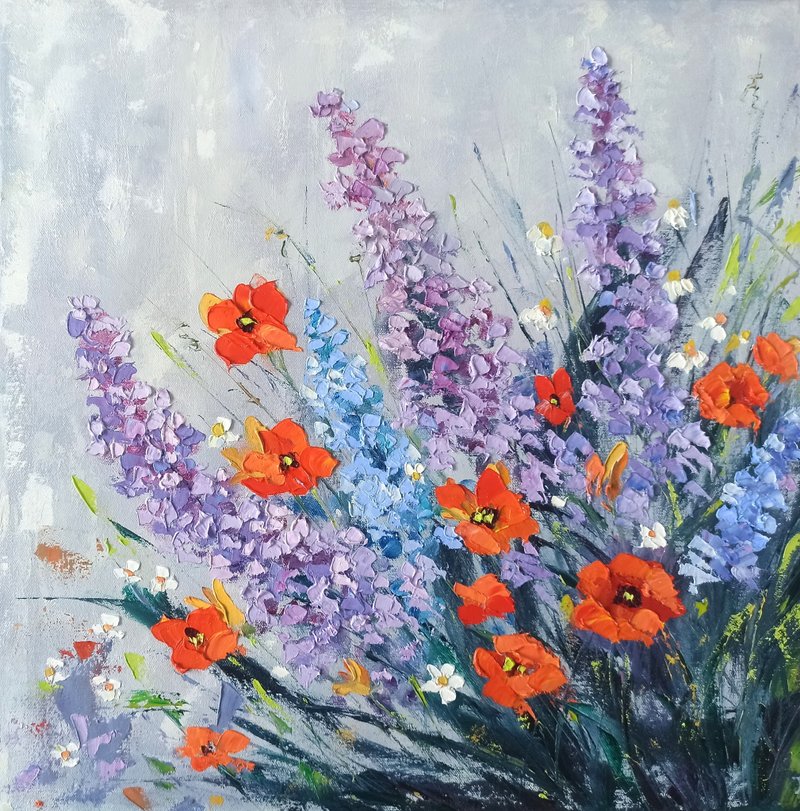 Flowers Original Oil painting on Canvas 50x50cm Bluebonnets and Poppies Artwork - 海報/掛畫/掛布 - 其他材質 