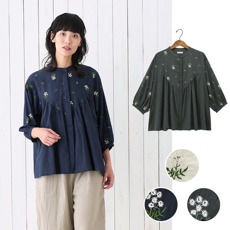 【預訂】印度製 花朵刺繡八分袖襯衫 - 女上衣/長袖上衣 - 棉．麻 藍色