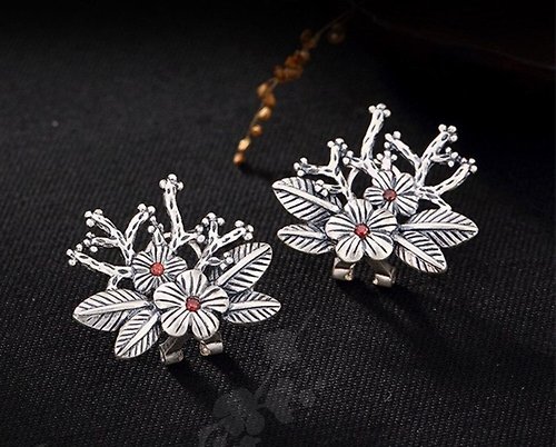 garyjewelry Real S 999 Silver Women Fine Jewelry Vintage Engraved Flower Studs Earrings