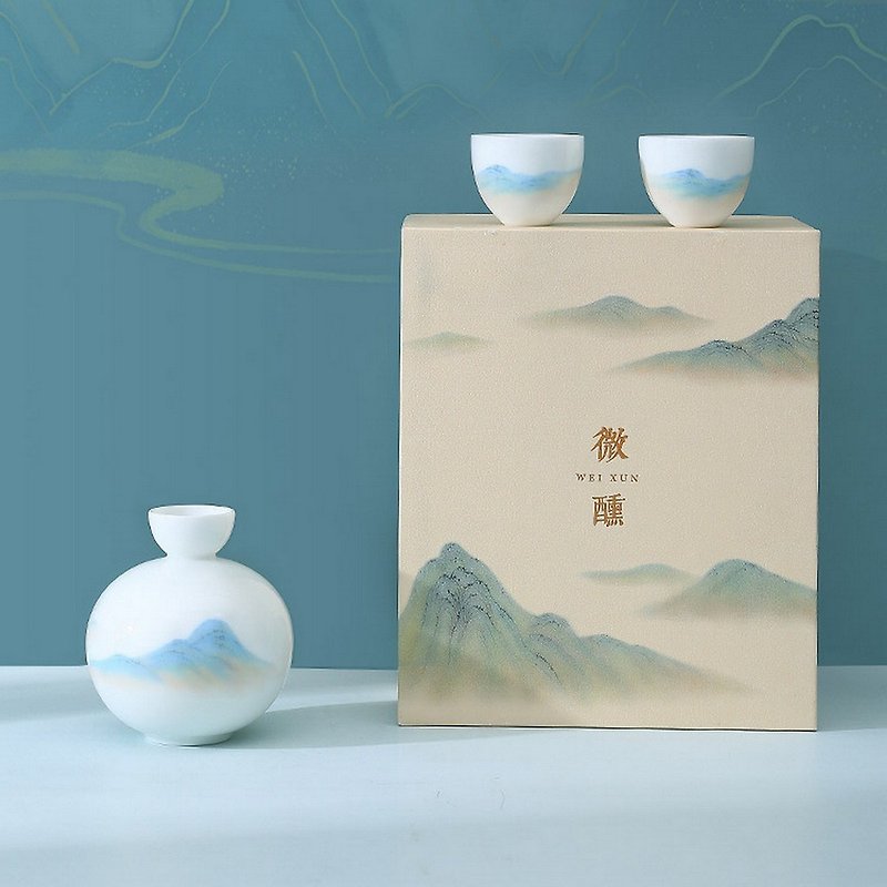 Thousands of miles of Jiangshan wine set with one pot and two glasses wine jug wine glass wineware gift box - แก้วไวน์ - เครื่องลายคราม ขาว