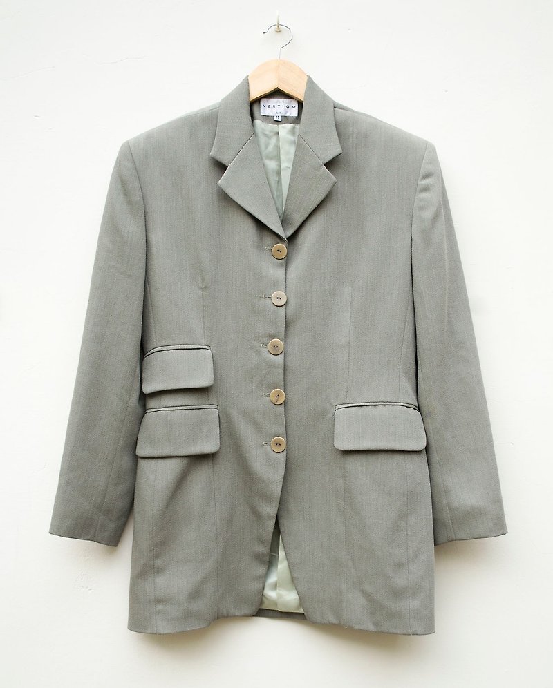 花都薄霧.淺灰綠排釦特殊剪裁西裝外套.正裝 Paris #Vintage #古著 #莞洱 - 西裝外套 - 羊毛 