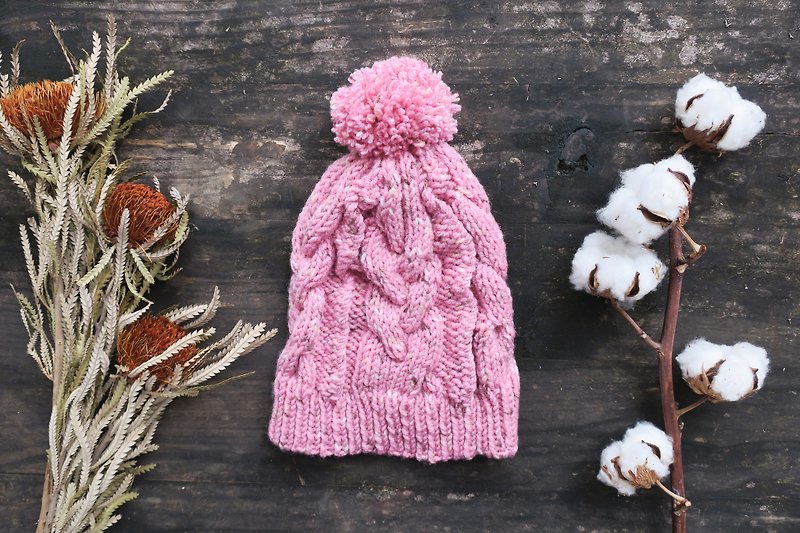 阿母100%的手作帽-麻花編織毛球帽-粉色噴點/聖誕節/交換禮物 - 側背包/斜孭袋 - 羊毛 粉紅色