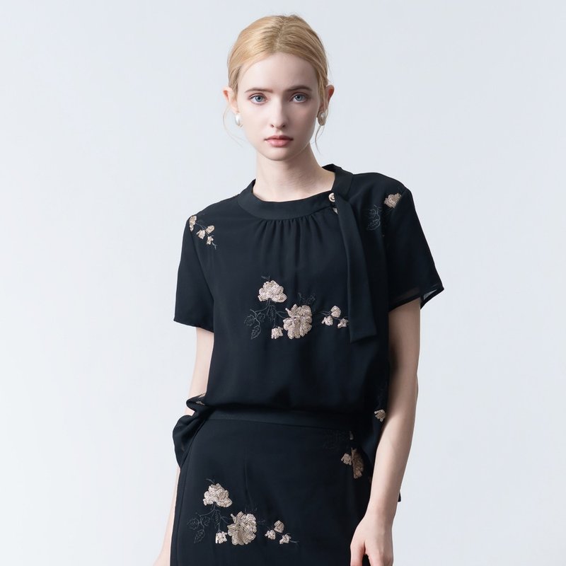 【MEDUSA】典雅新中式亮片繡花網紗上衣(M-XL) | 女禮服上衣 - 女上衣/長袖上衣 - 聚酯纖維 黑色