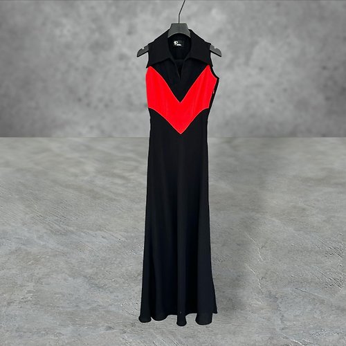 蘿綺莉蕾芭索 二手 黑紅配色 輕薄 拼接 合身 削肩 洋裝 PF508
