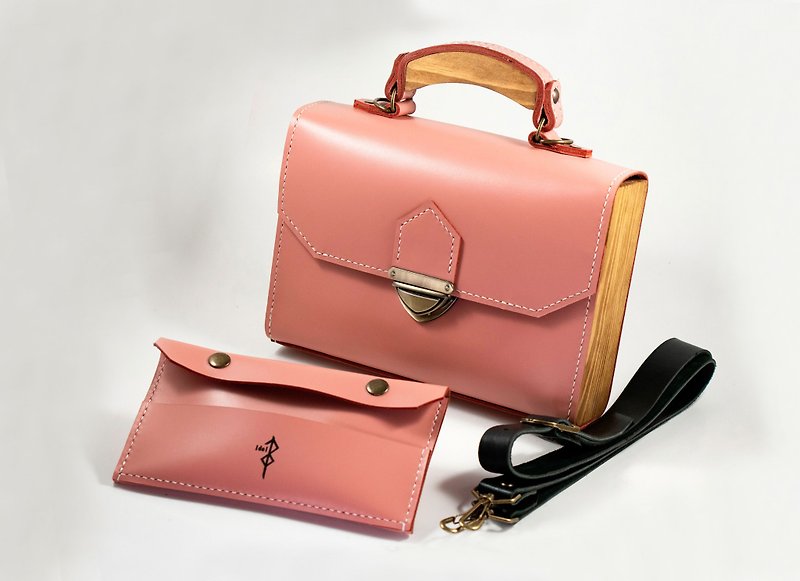 pink leather bag, bag with wood sides, pink leather shoulder bag - Handbags & Totes - Genuine Leather Pink