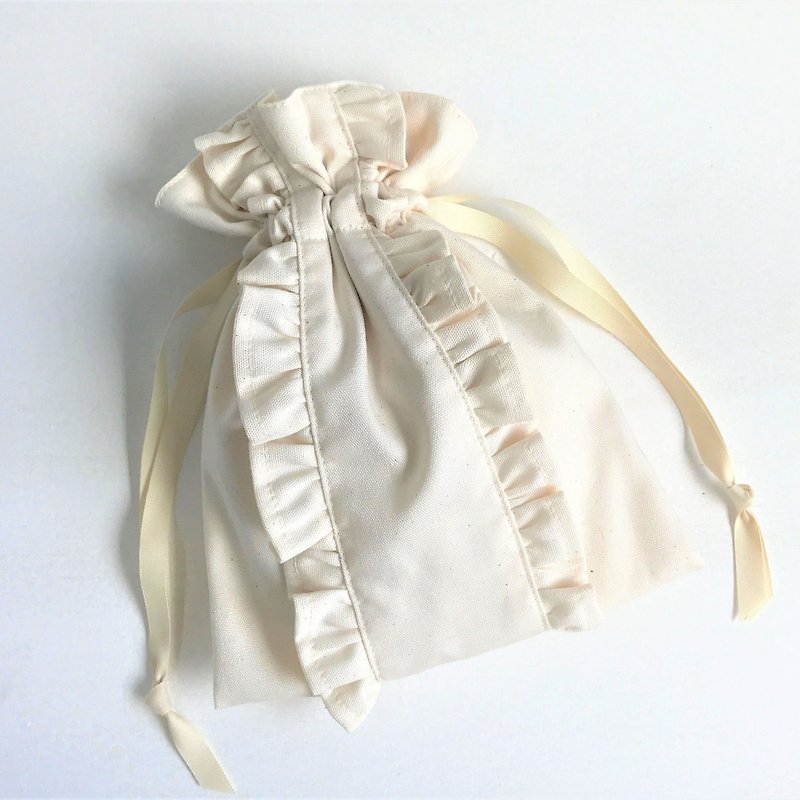 Straight Lined Double Frilled Drawstring Pouch - Toiletry Bags & Pouches - Cotton & Hemp White