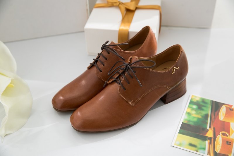 Hera-caramel Brown-handmade leather derby shoes (customizable) - รองเท้าลำลองผู้หญิง - หนังแท้ สีนำ้ตาล