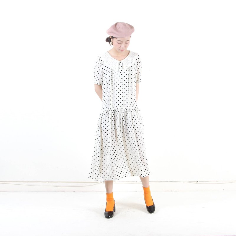 [An old egg plant] Showa water jade print short-sleeved vintage dress - One Piece Dresses - Polyester White