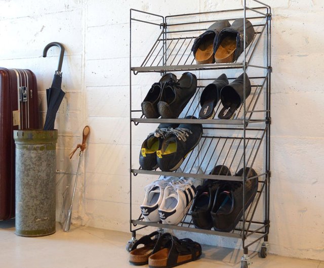 日本 COLLEND WIRE スチール製斜め4段シューズラック(キャスター付き