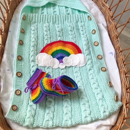 LittleMe Rainbow knit baby blanket and booties, Sleep sack, Sleeping bag, Baby gift set