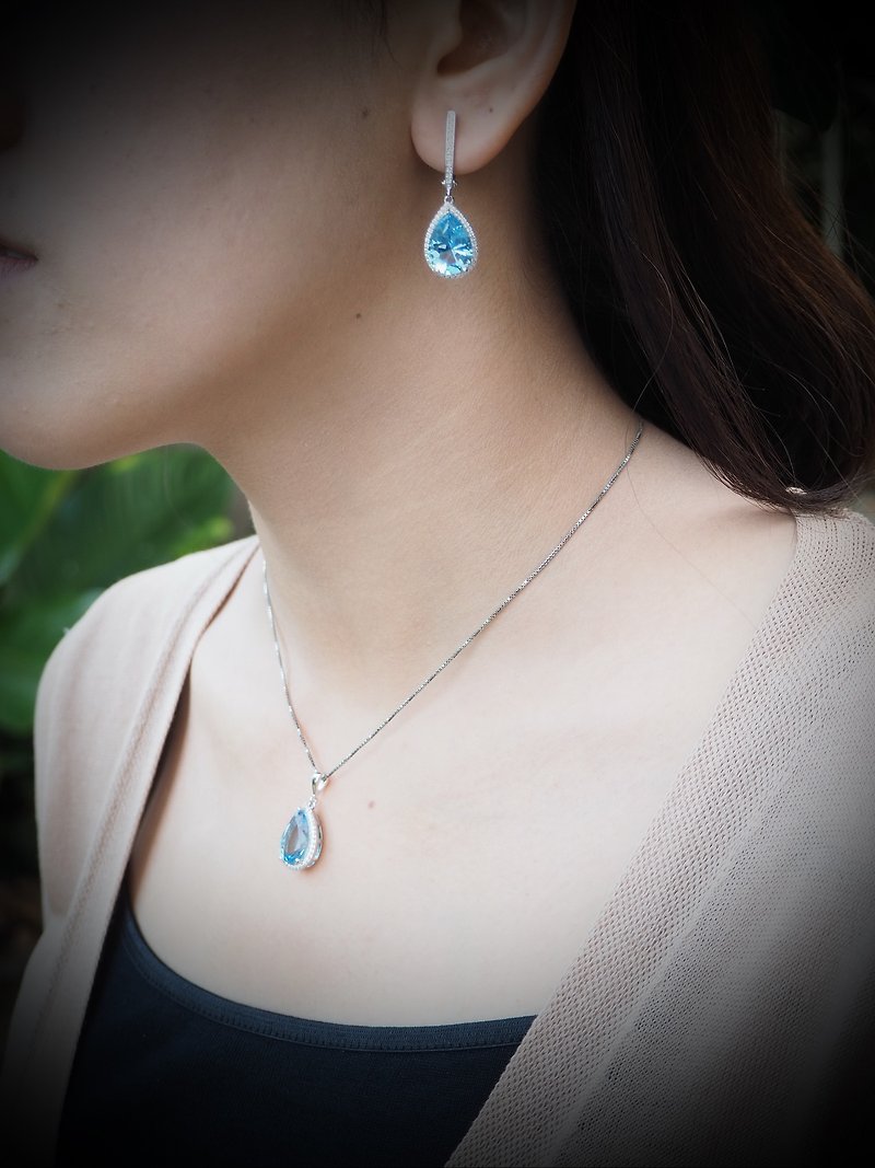 Elegant Swiss blue pear-shape crystal pendant with silver chain - สร้อยคอ - เงินแท้ สีน้ำเงิน